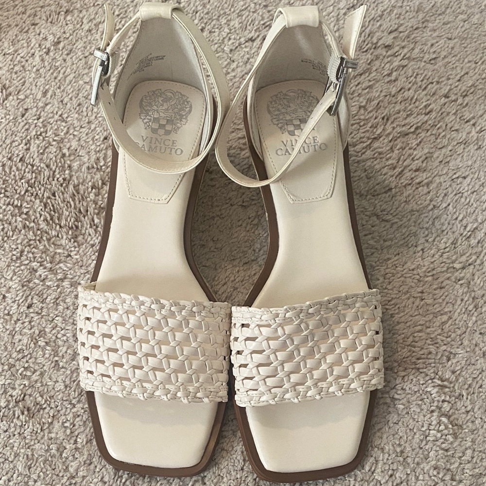 Vince Camuto Cream Woven Leather Ankle-Strap Sandals